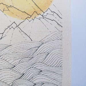 Dessin minimaliste au liner, stylo, unique, fait main sur commande, paysage, montagnes, soleil, formats A6, A5 et A4 image 3
