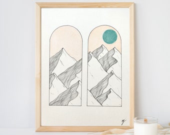 Minimalist liner drawing, unique, handmade to order, landscape, mountains, rising sun, sizes A6, A5, A4 and A3, illustration