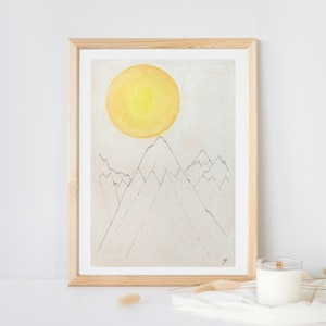 Desenho minimalista em liner, caneta, único, feito à mão sob encomenda, paisagem, montanhas, sol, ilustração, formatos A6, A5, A4 e A3