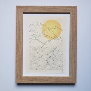 Dessin minimaliste au liner, stylo, unique, fait main sur commande, paysage, montagnes, soleil, formats A6, A5 et A4 image 2