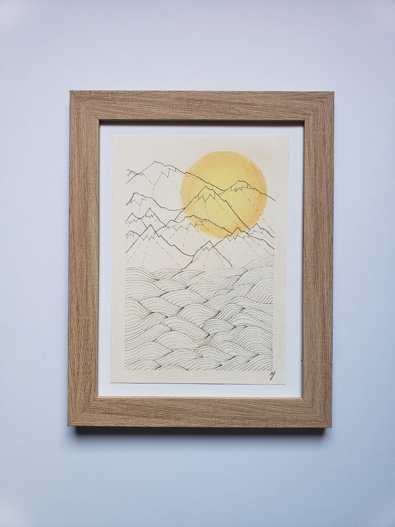 Dessin minimaliste au liner, stylo, unique, fait main sur commande, paysage, montagnes, soleil, formats A6, A5 et A4 image 2