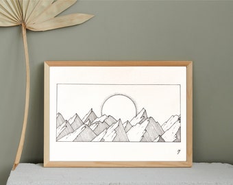 Minimalist liner drawing, unique, handmade to order, landscape, mountains, sunset, sizes A6, A5, A4 and A3, illustration