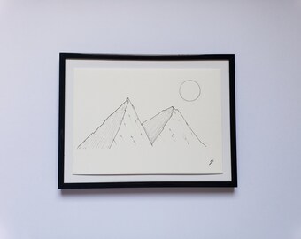 Dessin unique, fait main sur commande, montagnes minimalistes, soleil, illustration, formats A6, A5 et A4