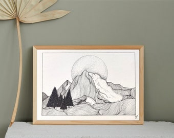 Liner drawing, pen, unique, handmade to order, landscape, mountains, sunset, illustration, formats A6, A5, A4 and A3