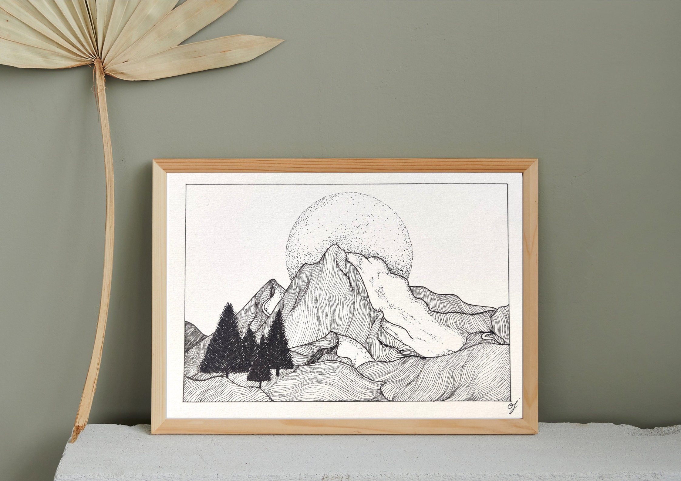 Liner drawing, pen, unique, handmade to order, landscape, mountains, sunset, illustration, formats A6, A5, A4 and A3