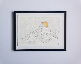 Dessin minimaliste au liner, stylo, unique, fait main sur commande, paysage, montagnes, soleil couchant, illustration, formats A6, A5 et A4