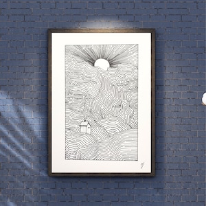 Abstract drawing with liner, pen, unique, handmade to order, landscape, rising sun, formats A6, A5, A4 and A3