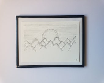 Dessin minimaliste au liner, stylo, unique, fait main sur commande, paysage, montagnes, soleil couchant, formats A6, A5 et A4