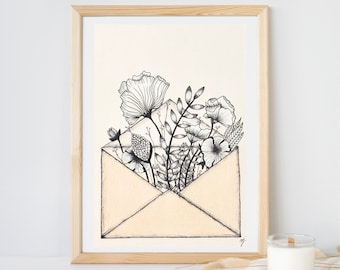 Floral drawing with liner, pen, unique, handmade to order, flowers, bouquet, illustration, decoration, wall art, format A6/ A5/ A4/ A3