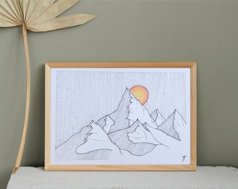 Minimalist liner drawing, unique, handmade to order, landscape, mountains, sunset, illustration, sizes A6, A5, A4 and A3