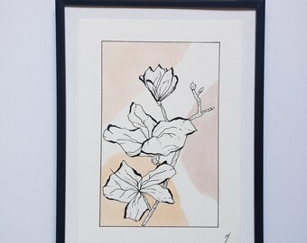 Dessin floral au stylo, unique, fait main sur commande, cerisier, fleurs, illustration,  formats A6, A5 et A4