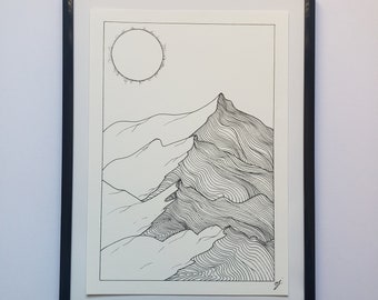 Dessin minimaliste au liner stylo, unique, fait main sur commande, paysage, montagnes, soleil, illustration, formats A6, A5 et A4