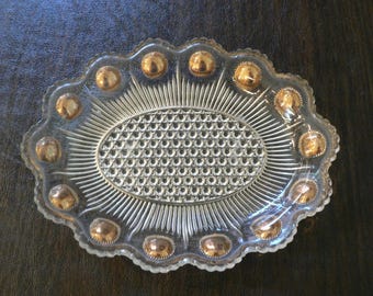 Vintage Clear Pressed Glass Candy Dish, Gold Thumbprint Design