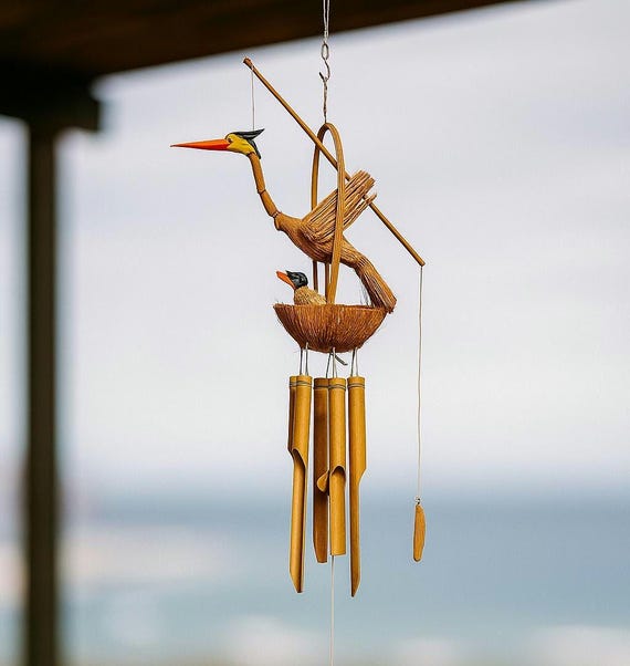 Handmade Stork Family Bamboo Wind Chime, Wooden Bird Decor