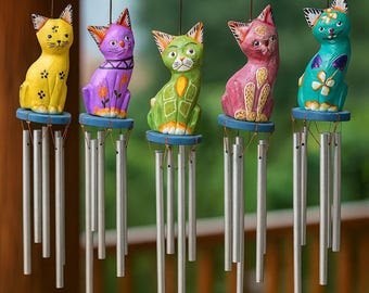 Handmade Cat Wind Chime • Rustic Wooden Garden Decor