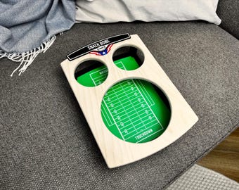 Personalized football couch snack tray made from wood with 3D-printed details and a glass bowl — perfect gift for football fans.