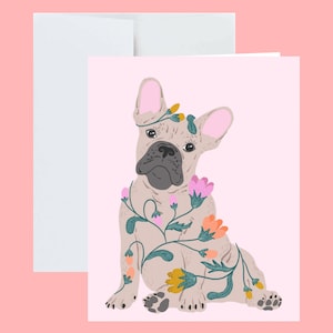 Cartão de felicitações para filhotes de buldogue francês com envelope branco - Flores ilustradas, aniversário de cachorro buldogue francês, olá, obrigado, só porque