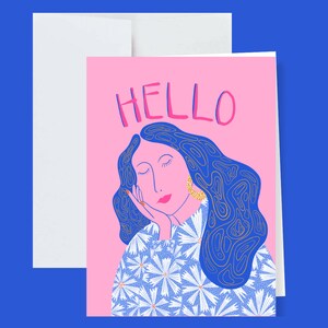 Blue Hair Girl-wenskaart met witte envelop - schattig, geïllustreerd girly, artwork, tekening, verjaardagskaart, bedankkaart, Moederdagkaart