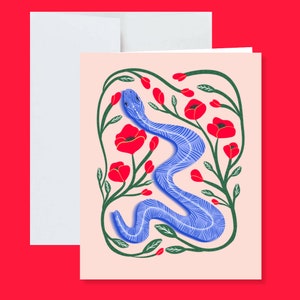 Cartão de saudação de cobra azul com envelope branco - bruxa, feminina, formal, flores, desenho, cartão de aniversário, cartão de agradecimento, cartão de dia das mães