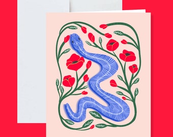 Cartão de saudação de cobra azul com envelope branco - bruxa, feminina, formal, flores, desenho, cartão de aniversário, cartão de agradecimento, cartão de dia das mães