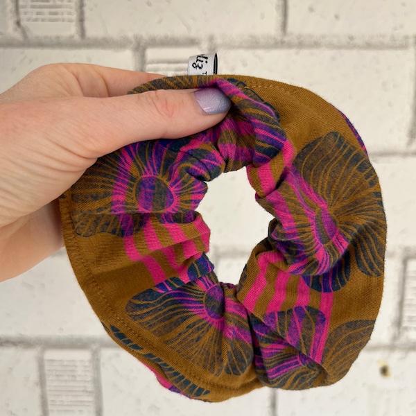 Upcycled FLOWER DESIGN scrunchie, sustainable hair tie, repurposed recycled fabric, handmade, hand stamped, cute unique, assorted colors