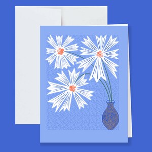 White Daisies in Blue Vase Greeting Card with White Envelope - Flower Art Lovers, Doodle, Floral, Pretty, Birthday, Holiday, Mothers Day