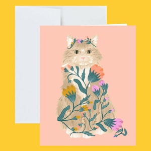 Carte de voeux chaton avec enveloppe blanche - fleurs illustrées, anniversaire amoureux des chats mignon, bonjour, merci, juste parce que, dame chat