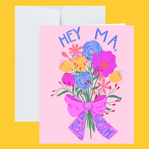 Buquê de cartão de dia das mães com envelope branco - lindo, doce, buquê floral com flores coloridas, presente para a mamãe