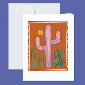 Carte de voeux rose cactus Saguaro avec enveloppe blanche - Desert Vibes, oeuvre d'art, dessin, carte d'anniversaire, carte de remerciement, carte de fête des mères