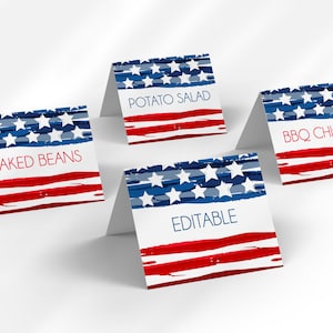 Cartes de tente alimentaire modifiables du 4 juillet | Étiquettes alimentaires | Modifier tout le texte | Étiquettes alimentaires pour barbecue du Jour de l'Indépendance | BBQ Rouge Blanc Bleu | Buffet-barbecue