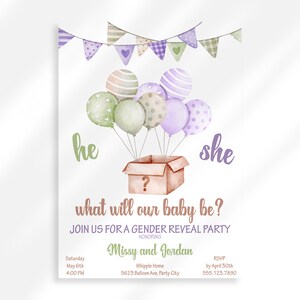 Editable He or She Gender Reveal Invitation | Balloon Gender Reveal Party Printable Invitation Template | Girl or Boy Invite Gender Neural