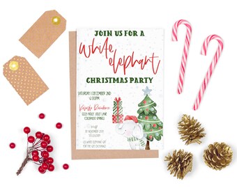 May include: A white Christmas party invitation featuring a cartoon elephant wearing a Santa hat and scarf, standing next to a decorated Christmas tree. The invitation includes the text "JOIN US FOR A white elephant CHRISTMAS PARTY" and details about the party, including the date, time, and location.