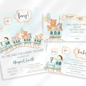 Libro editable de invitación a baby shower de tren en lugar de inserciones de rifa de tarjetas y pañales / Invitación a fiesta de tren / Paquete de baby shower de tren
