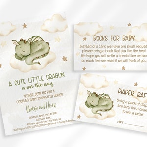 Bearbeitbare Drache-Babyparty-Einladung | Bearbeitbare Windel Raffle Tickets und Buch Anfrage Karte Baby Shower Bundle | Geschlechtsneutrale Dusche