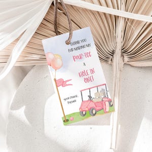 Różowy Golf Temat Urodziny Impreza Dla Dziewczynki, Hole In One 1st Birthday Party Favor Par-Tee Urodziny Tag Wydrukowany, Różowy Golf Cart Wydrukowany