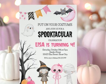 Spooktacular Birthday Party Invitation Girl Printable, Pink Halloween Birthday Invite Girl Editable, Costume Party Birthday Celebration