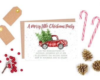 May include: A red truck with a Christmas tree in the back, driving through a snowy scene. The invitation reads "A Merry Little Christmas Party" and includes details for a party on December 1st at 2pm. RSVP by November 25th to 555.2389.