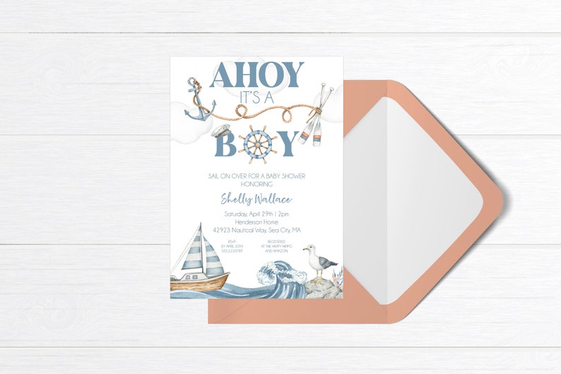 Editable Ahoy Its A Boy Baby Shower Invitation Nautical Theme Baby