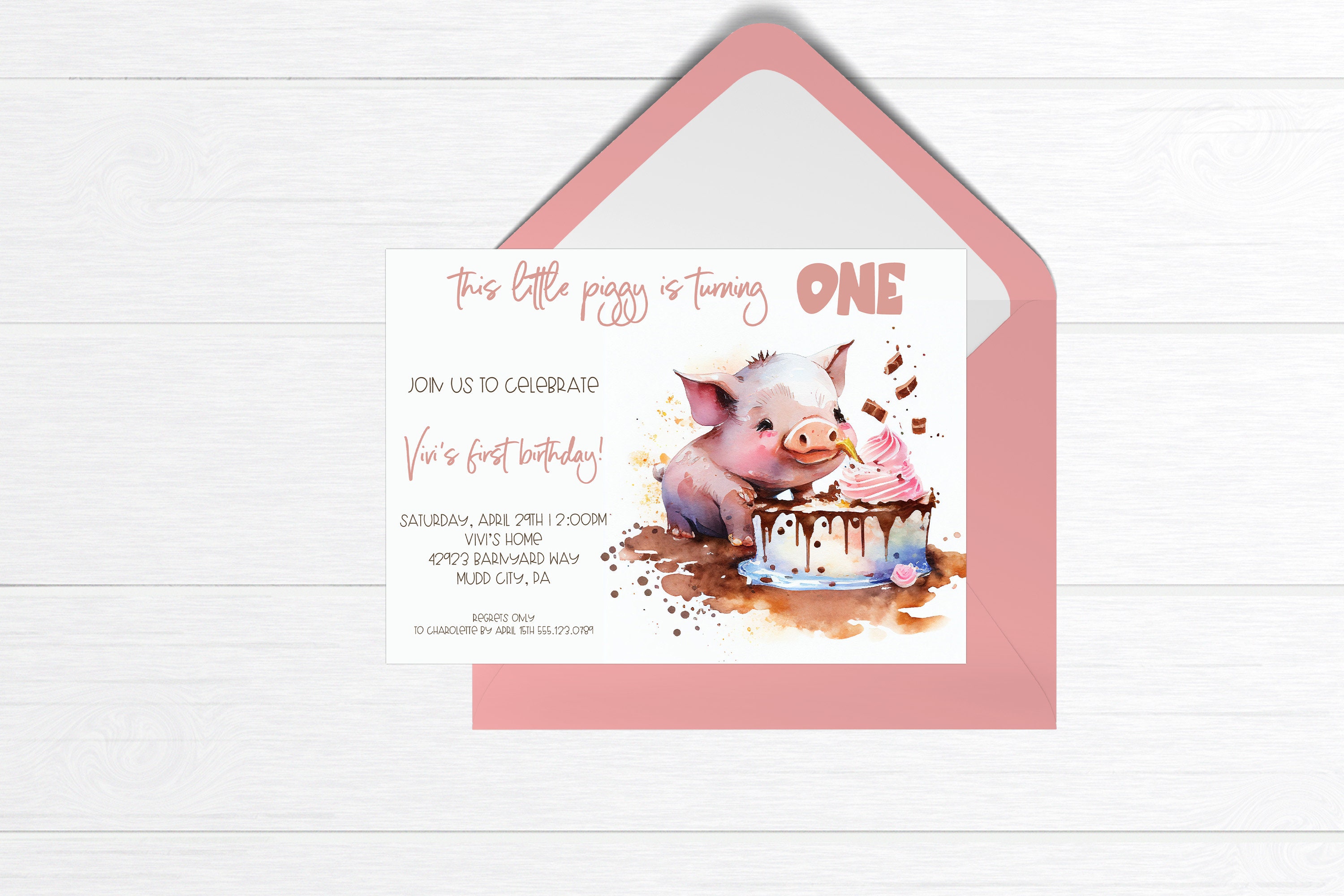 Editable Pig Birthday Invitation First Birthday Invitation Girl Farm