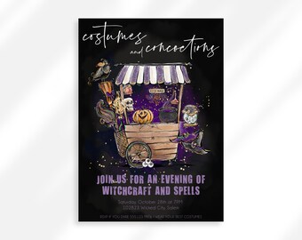 May include: A black and purple Halloween party invitation with a cartoon illustration of a witch's cart filled with potion bottles, a cauldron, a skull, a pumpkin, and a broom. The text reads "costumes and concocting" and "Join us for an evening of witchcraft and spells".