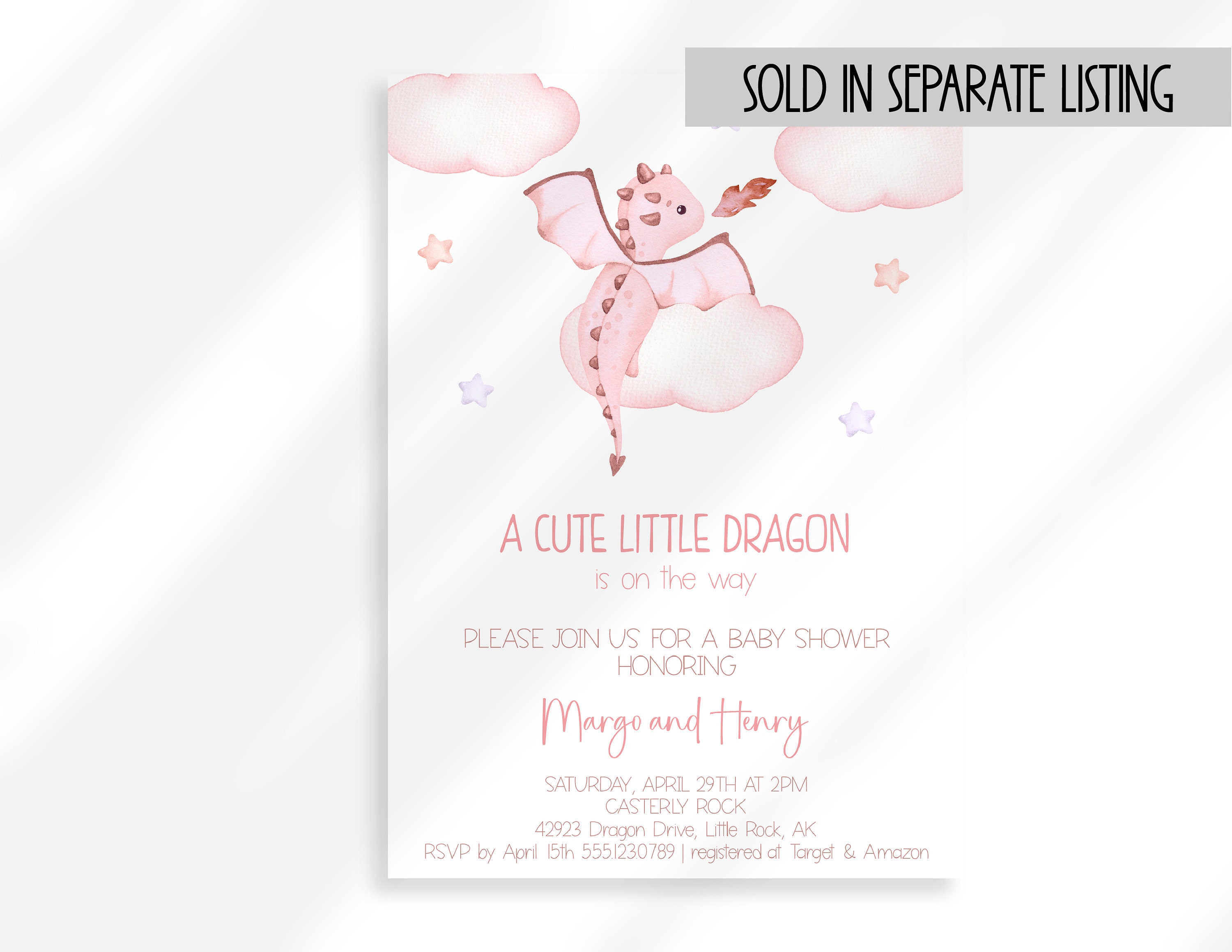 Editable Pink Dragon Baby Shower Invitation Girl Digital Download