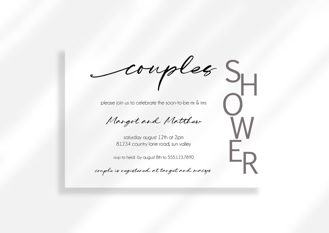 Editable Minimalist Couples Shower Printable Invitation Template Black