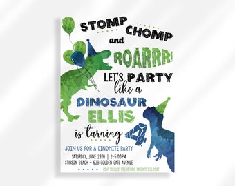 May include: A dinosaur-themed birthday party invitation with green and blue watercolor dinosaurs. The text reads "Stomp and Chomp Roarrr! Let's Party Like a Dinosaur Ellis is turning 4. Join us for a Dinomite Party Saturday, June 29th | 2-5:00pm Stinson Beach - 629 Golden Gate Avenue RSVP to Ellis' Prehistoric Parents 555.0987"