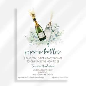 May include: A baby shower invitation with a watercolour illustration of a champagne bottle and a baby bottle with the text "poppin bottles". The invitation includes the text "Please join us for a baby shower to celebrate the mom to be Jessica Henderson Saturday, April 29th at 2pm Bubble Room 42923 Poppin Lane, Party City register at the happy hipper and target regrets only to 555 555 5555"