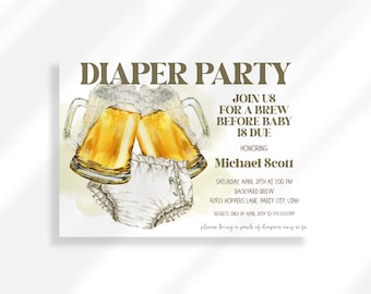 May include: A diaper party invitation with a watercolor illustration of two beer mugs clinking and a diaper. The text reads "Diaper Party", "Join us for a brew before baby is due", "Honoring Michael Scott", "Saturday, April 29th at 7:00 PM", "Backyard Brew", "42923 Hoppers Lane, Party City, Utah", "Regrets only by April 20th to 555-103-0789", and "Please bring a pack of diapers any size".