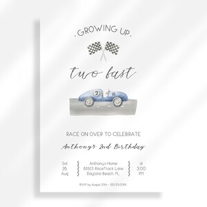 May include: A blue and white race car birthday invitation with the text "Growing Up. Two Fast" and a checkered flag. The invitation includes the details for Anthony's 2nd birthday party, including the date, time, and location.