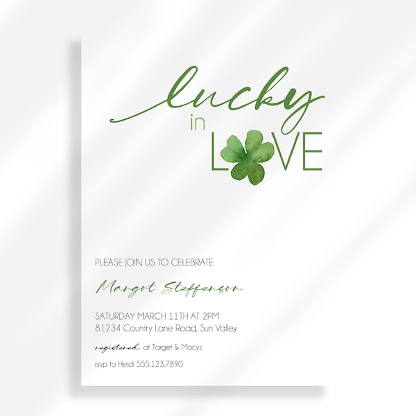 Editable Lucky In Love Bridal Shower Printable Invitation Template | St Patricks Day Bridal Shower March Bridal Shower Irish Wedding Shower