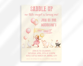 Invitación imprimible para el primer cumpleaños de rodeo para niña, invitación editable para el primer cumpleaños de vaquera ensillada, invitación para el primer cumpleaños del oeste para niña, invitación de granja