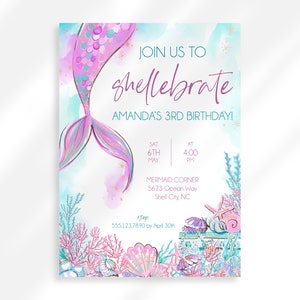 Editable Shellebrate Birthday Invitation | Purple Mermaid Invitation | Mermaid Birthday Party Invitation Girl | Sea Shell Party Invitation