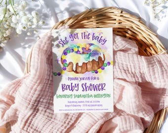 She Got The Baby Baby Shower Invite Editable, King Cake Baby Shower Invitation Digital Download, Mardi Gras Baby Sprinkle Invites, New To